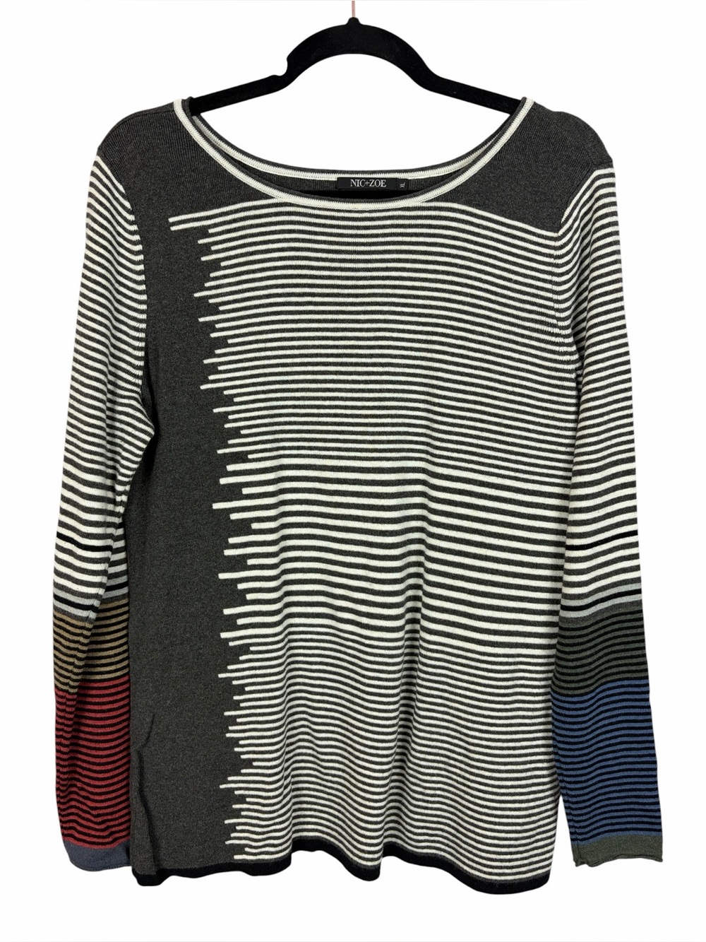NIC+ZOE Striped Knit Sweater Gray White Colorblock Pullover Size XL